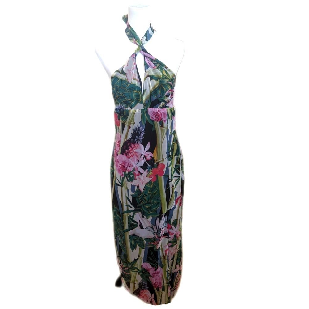 Venus tropical floral maxi dress, tie neck, halter top, sleeveless, lined, sz 8
